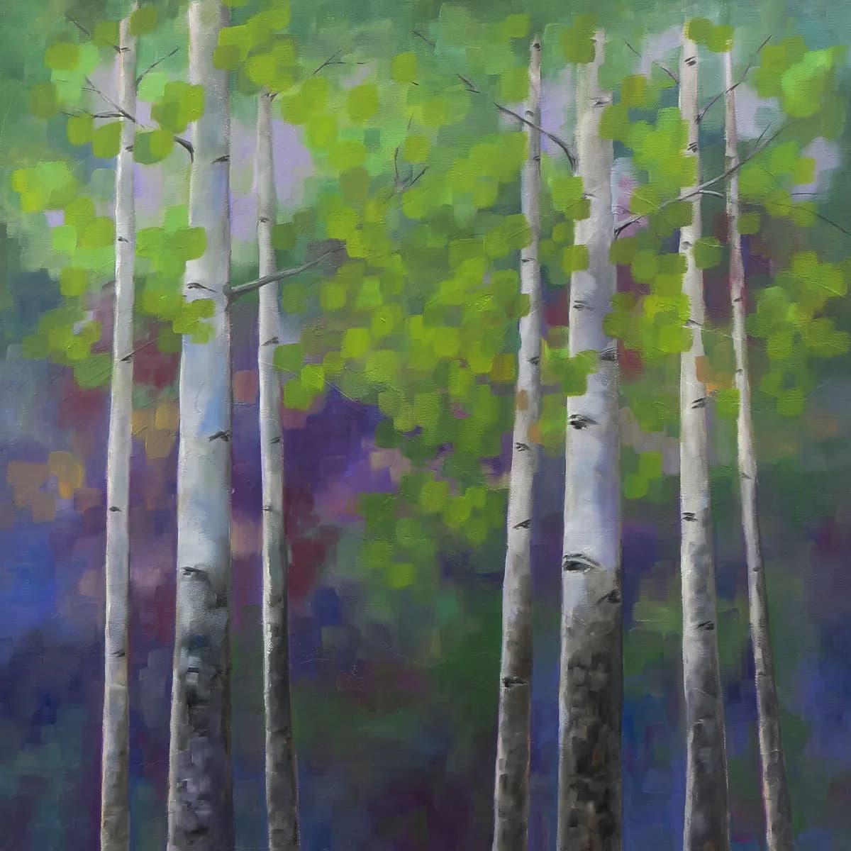 Impressionistic oil painting of aspen trees with vibrant green leaves and a purple background.