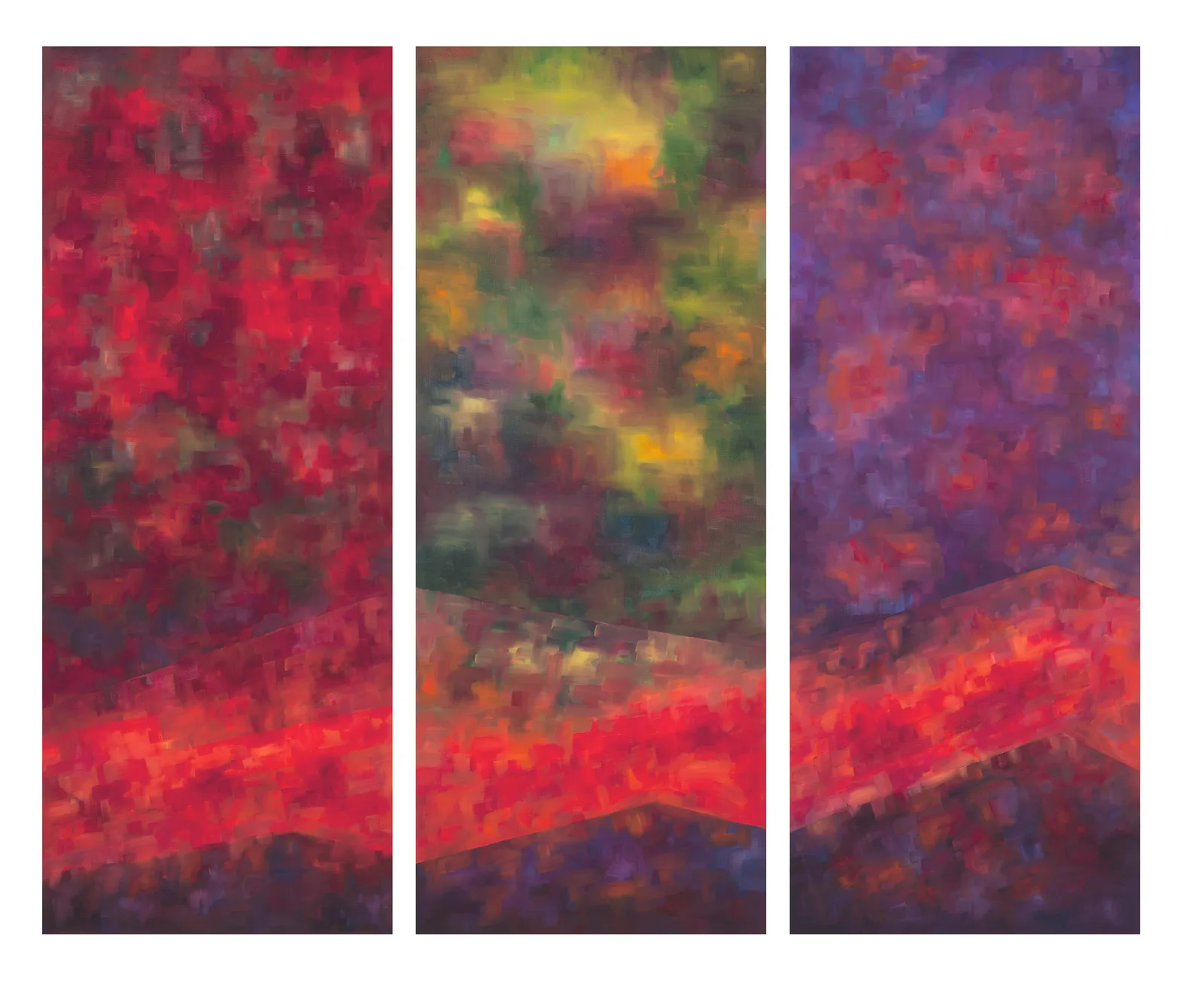 An abstract oil painting depicts a vibrant sky over dark mountains in a triptych format.