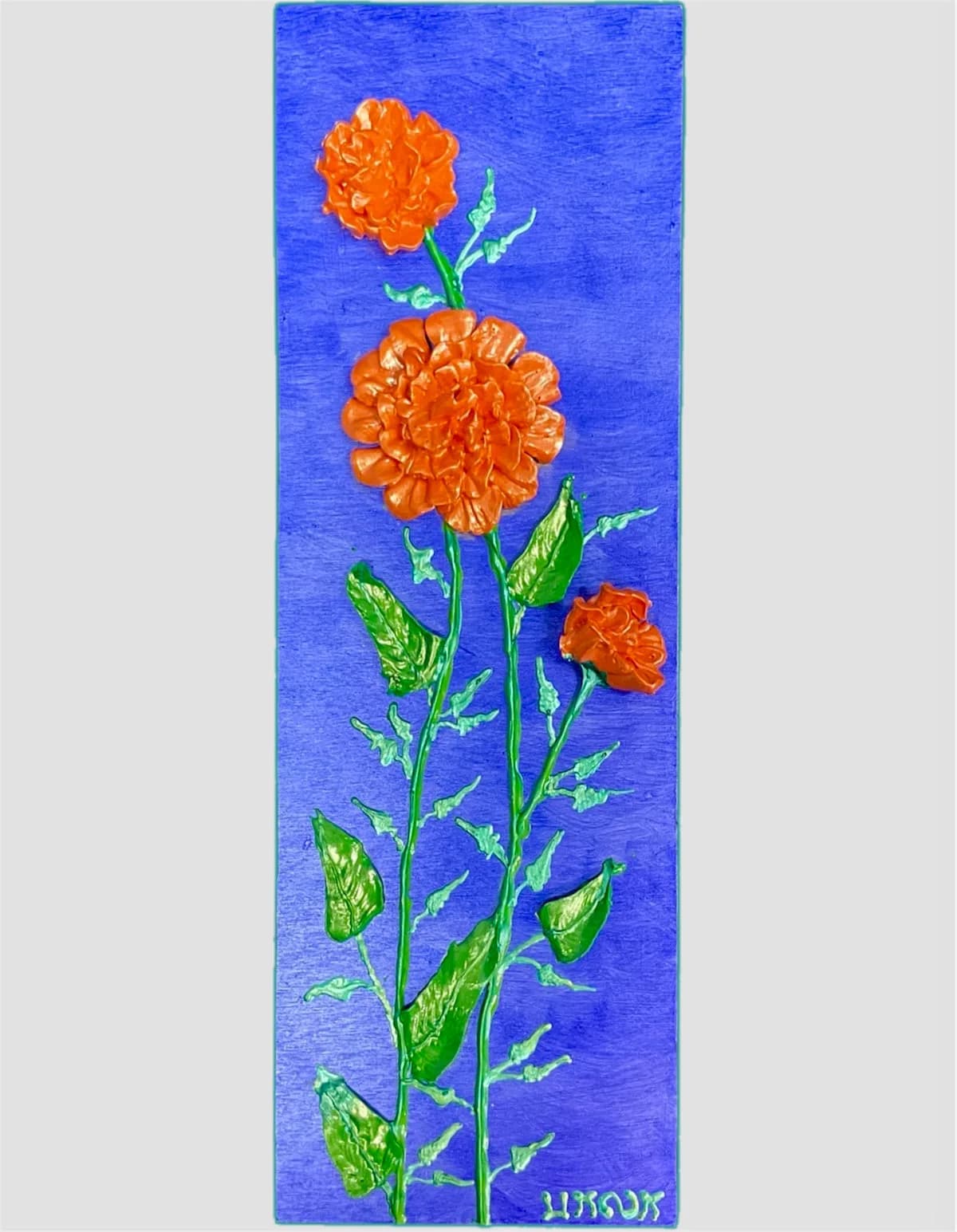 Textured orange marigolds bloom on vibrant blue background in this oil painting.