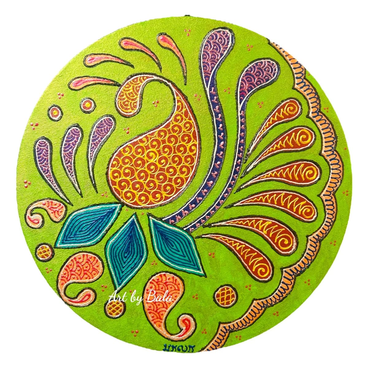 A folk art painting on a circular canvas features a vibrant paisley and floral motif in Pistachio, Raw Sienna, and Romance hues.