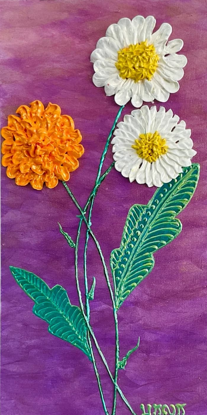 Textured oil painting of daisies and a marigold on a purple background.