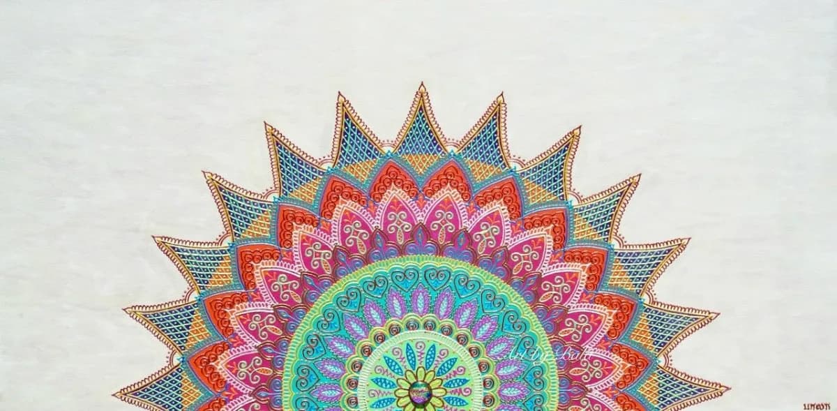 An intricate ink drawing of a colorful geometric mandala pattern.