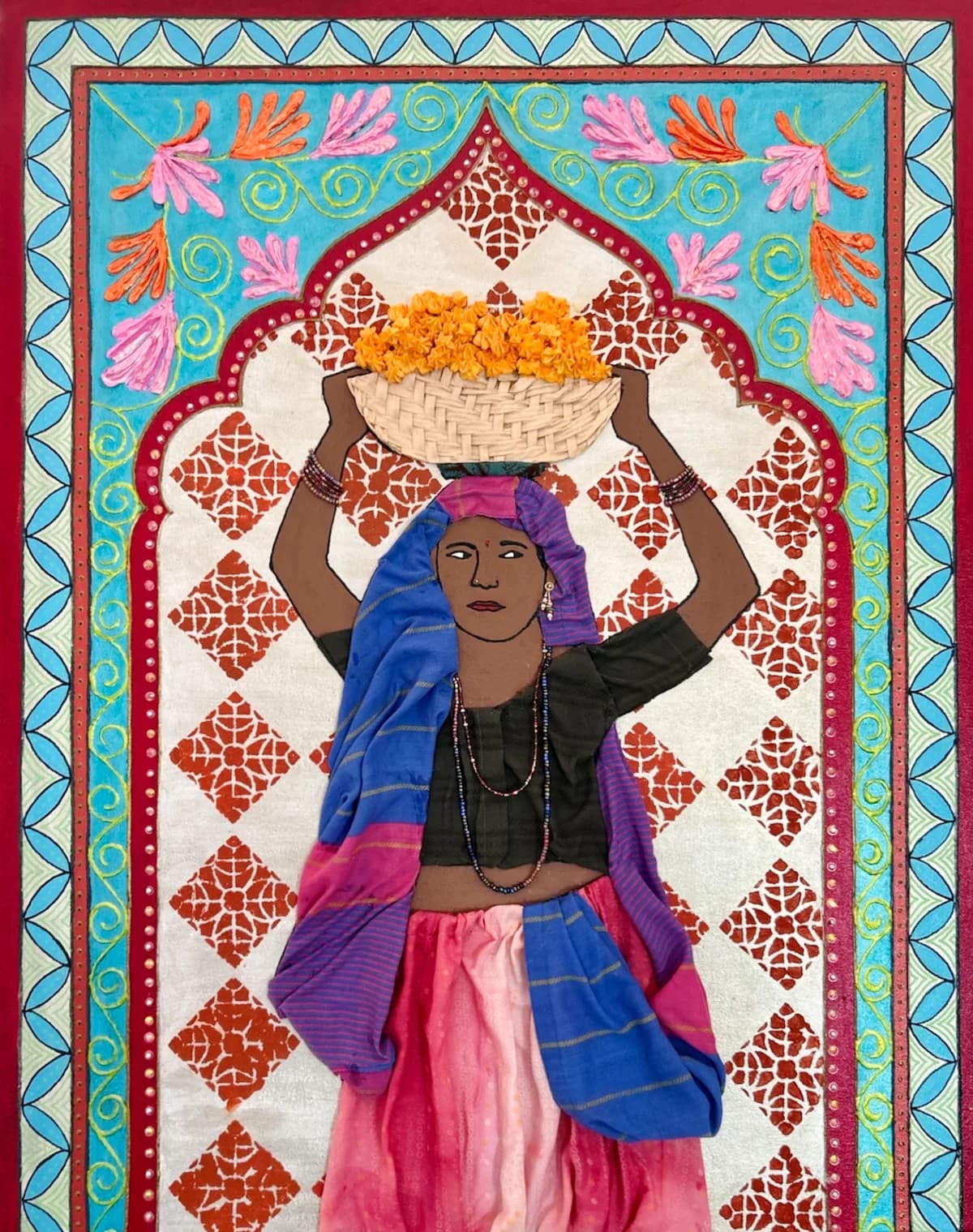 A folk art mixed media fiber piece depicts a woman carrying a basket of Soft Amber flowers on her head.