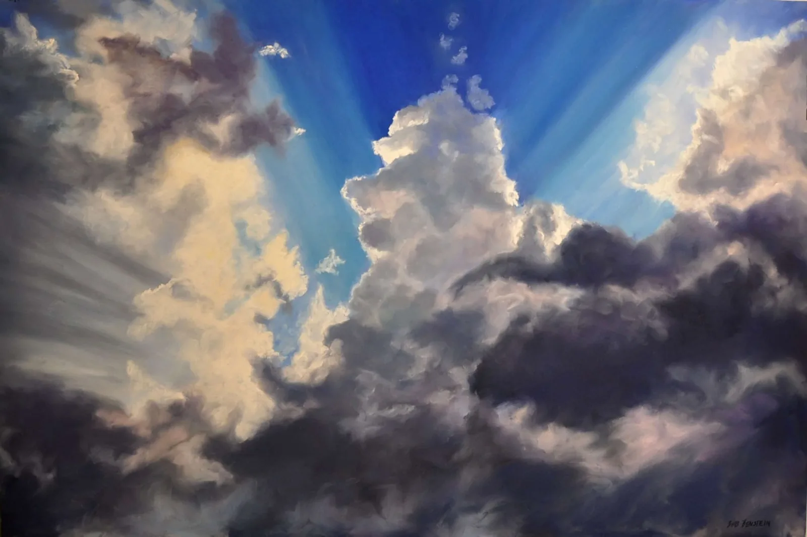 Impressionistic oil painting of dramatic stormy clouds with sunbeams breaking through the Tory Blue sky.