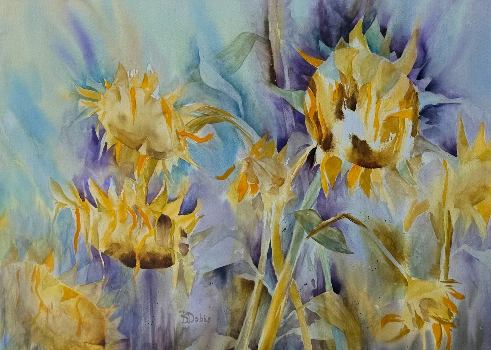 Impressionistic watercolor painting of wilting sunflowers in shades of yellow, Husk, and Barley Corn against a Pewter and Regent Gray background.