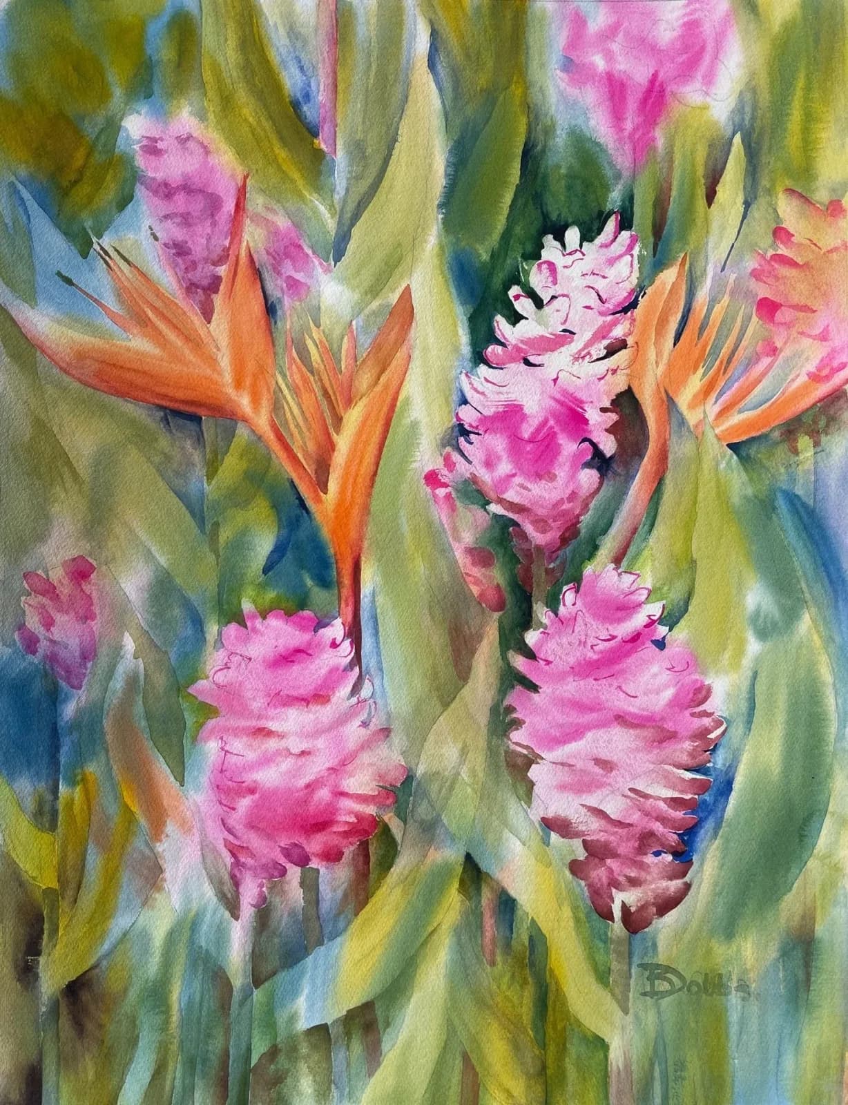 A watercolor painting of vibrant pink ginger and orange heliconia flowers amidst lush green foliage.