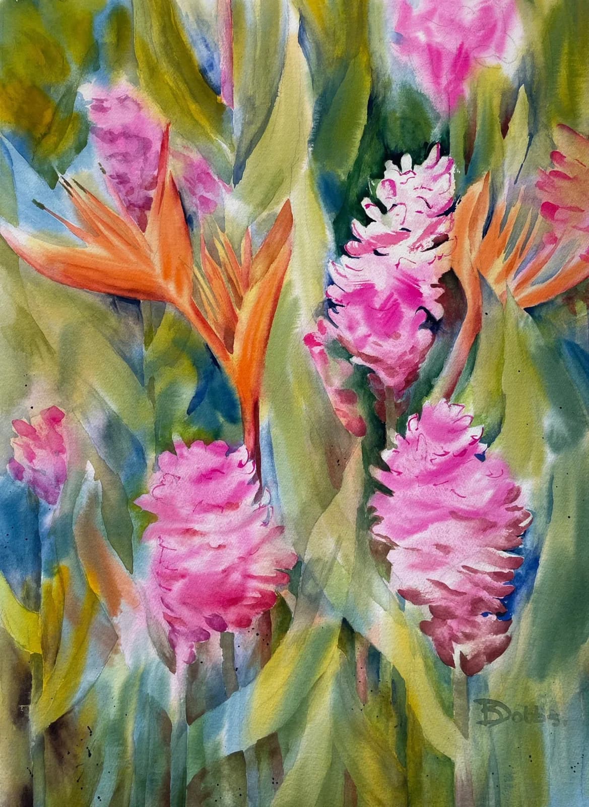 A vibrant watercolor painting depicts tropical ginger and bird of paradise flowers in shades of pink and orange.