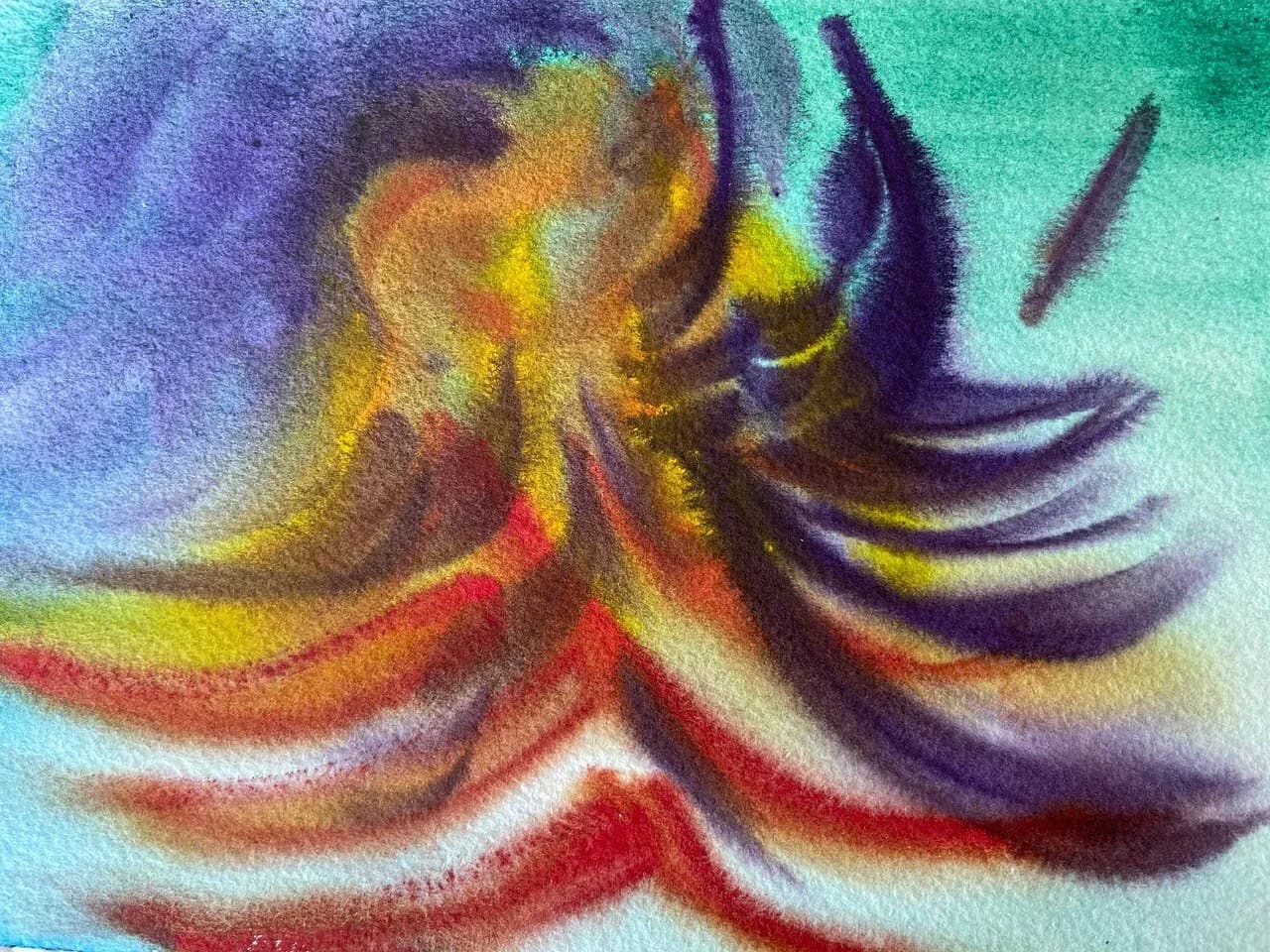 An abstract watercolor painting features vibrant swirls of purple, yellow, and red against a teal background.