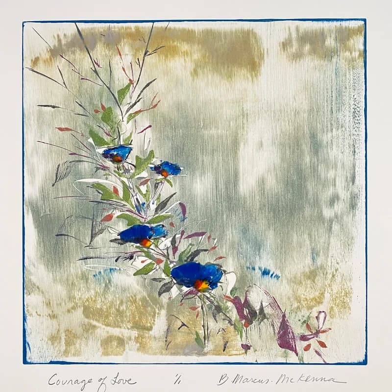 A printmaking artwork featuring bluebirds perched on floral branches with a textured background in shades of Bay of Many and Foggy Gray.