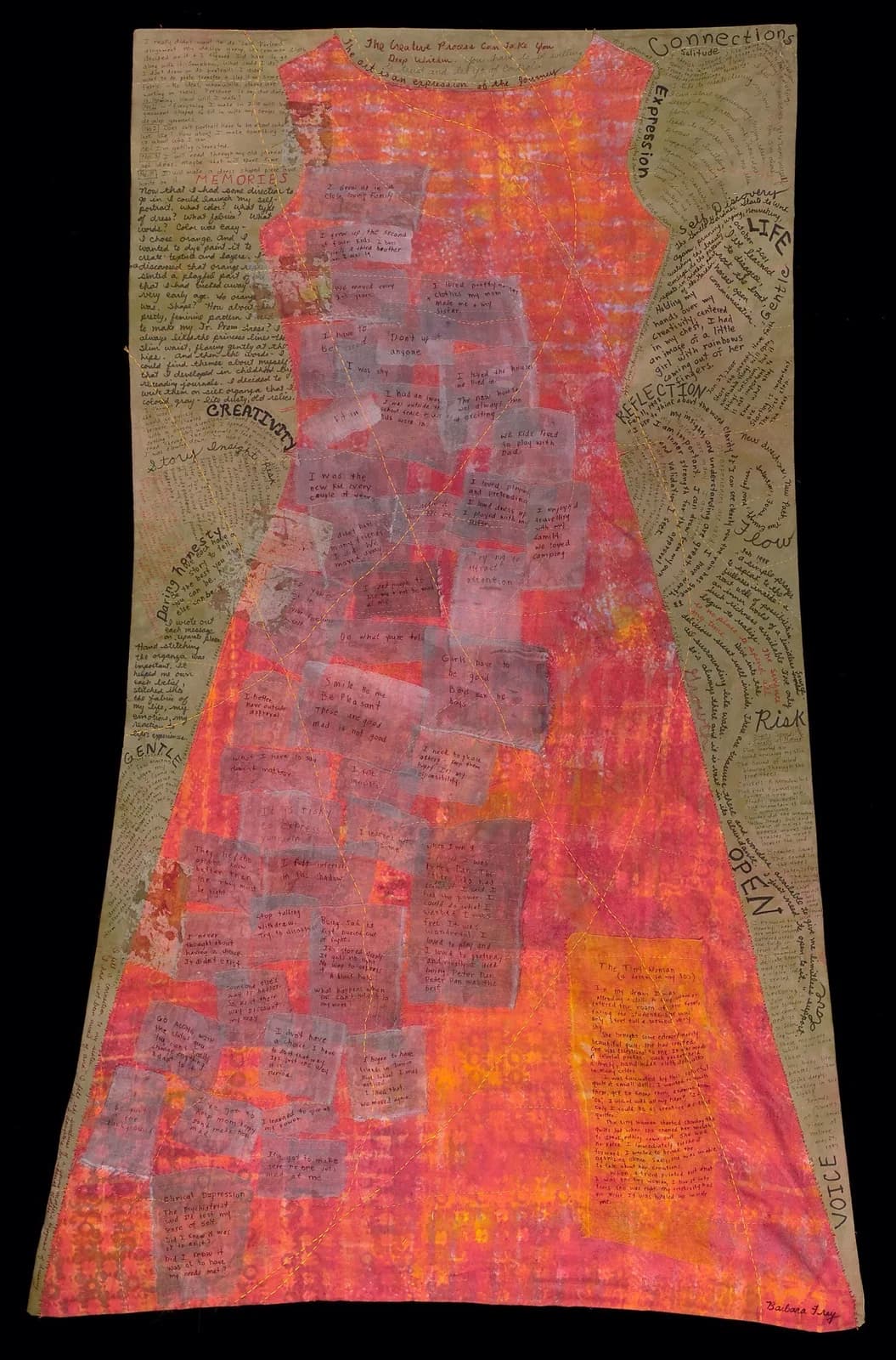 A mixed media artwork on paper features a dress shape composed of collaged text and abstract painted elements in Roman and Flame Pea.
