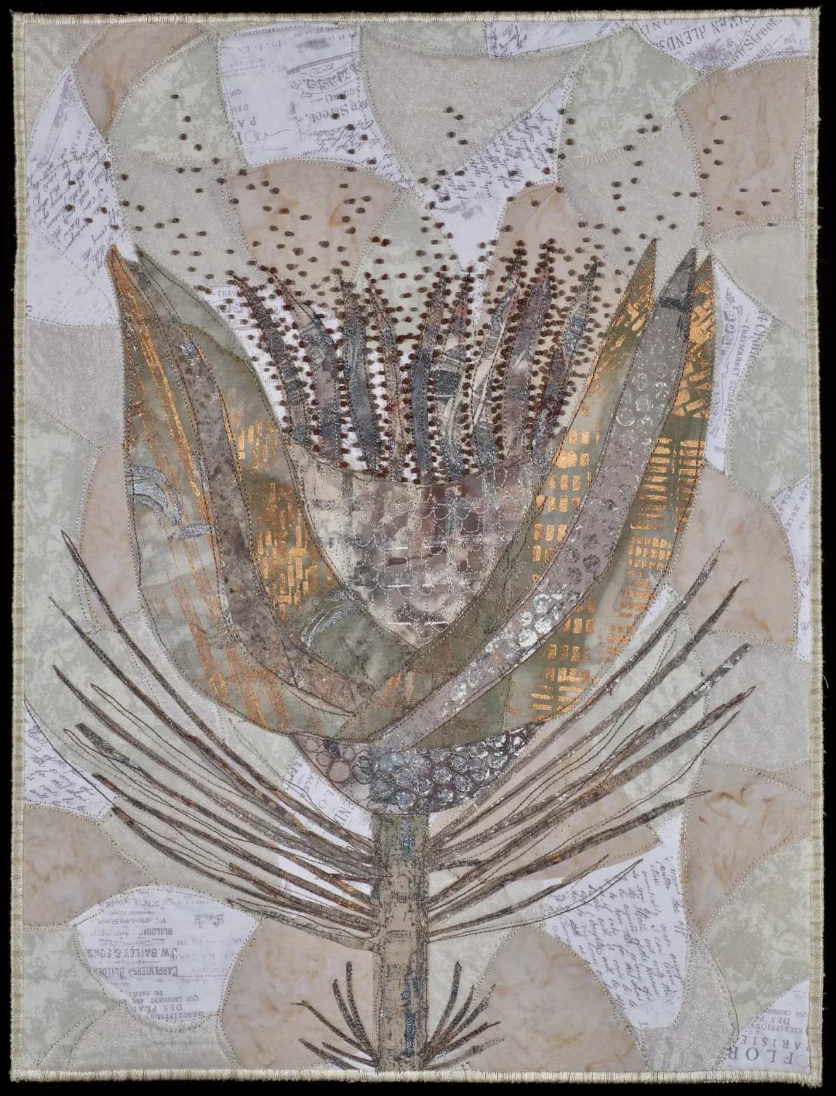 An abstract floral textile artwork in muted tones of Silver Chalice and Squirrel, featuring intricate stitching and mixed media elements.