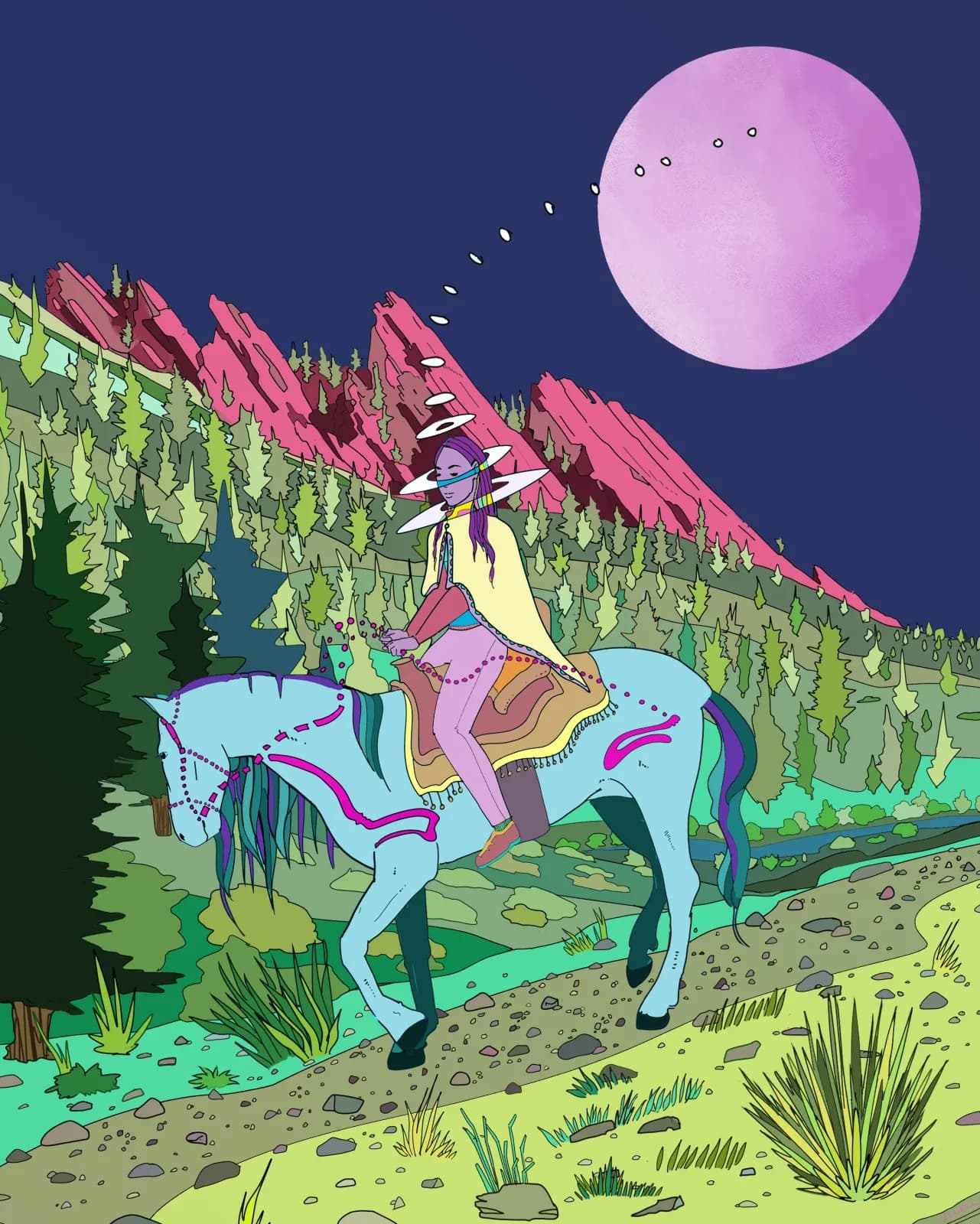 A stylized figure rides a horse through a landscape with the Flatirons mountains and a large moon.