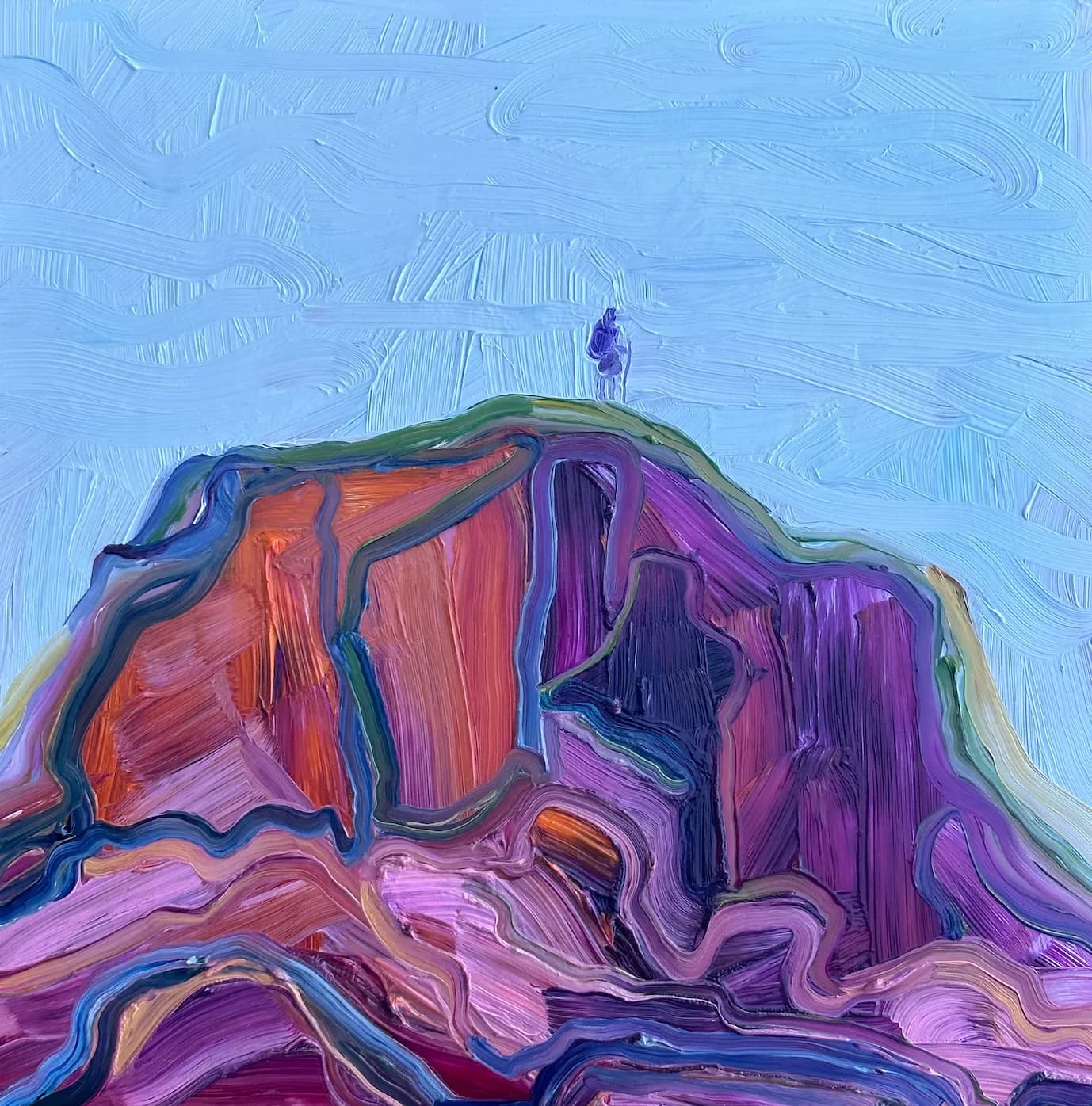 An impressionistic oil painting depicts a lone hiker on a colorful mountain summit under a pale blue sky.