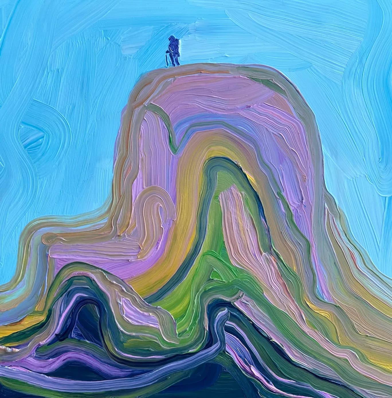 A colorful impressionistic painting of a hiker on a mountain summit, rendered in oil and acrylic.