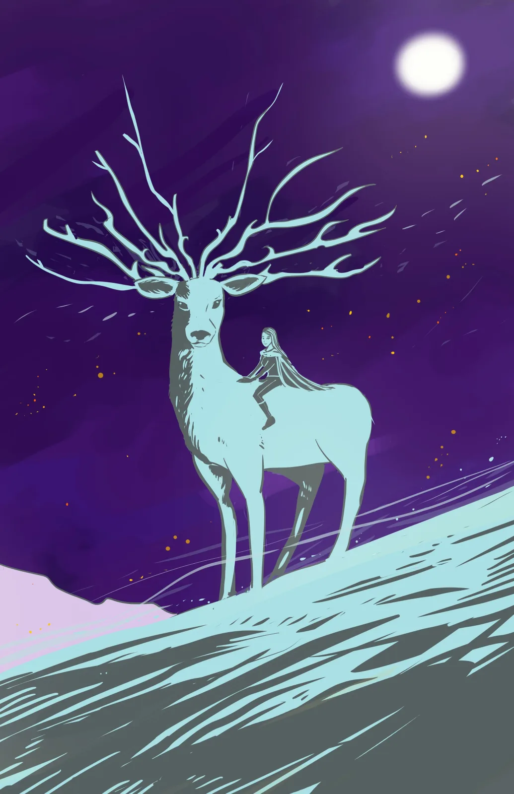 A girl rides a majestic deer under a full moon in a stylized winter landscape.
