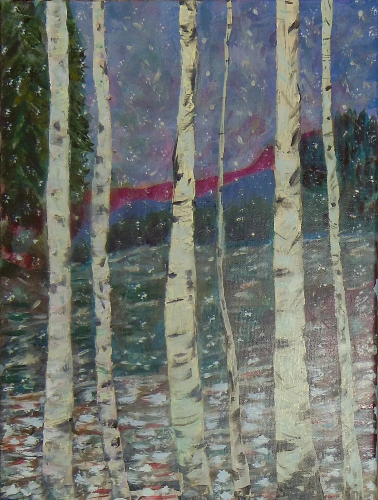 Impressionistic oil painting of birch trees in a snowy winter landscape with a vibrant pink horizon.