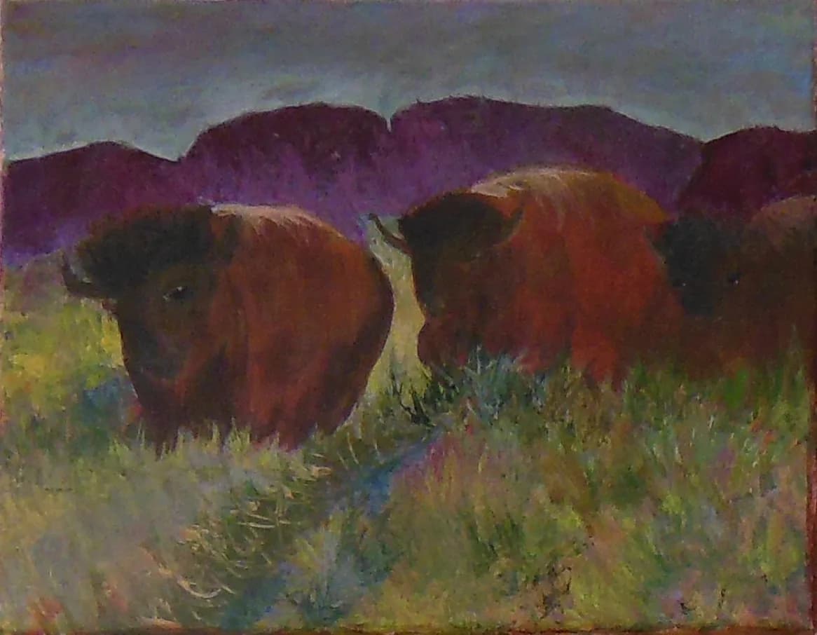 A herd of bison stands in a grassy field with purple mountains in the background, rendered in expressive pastel.