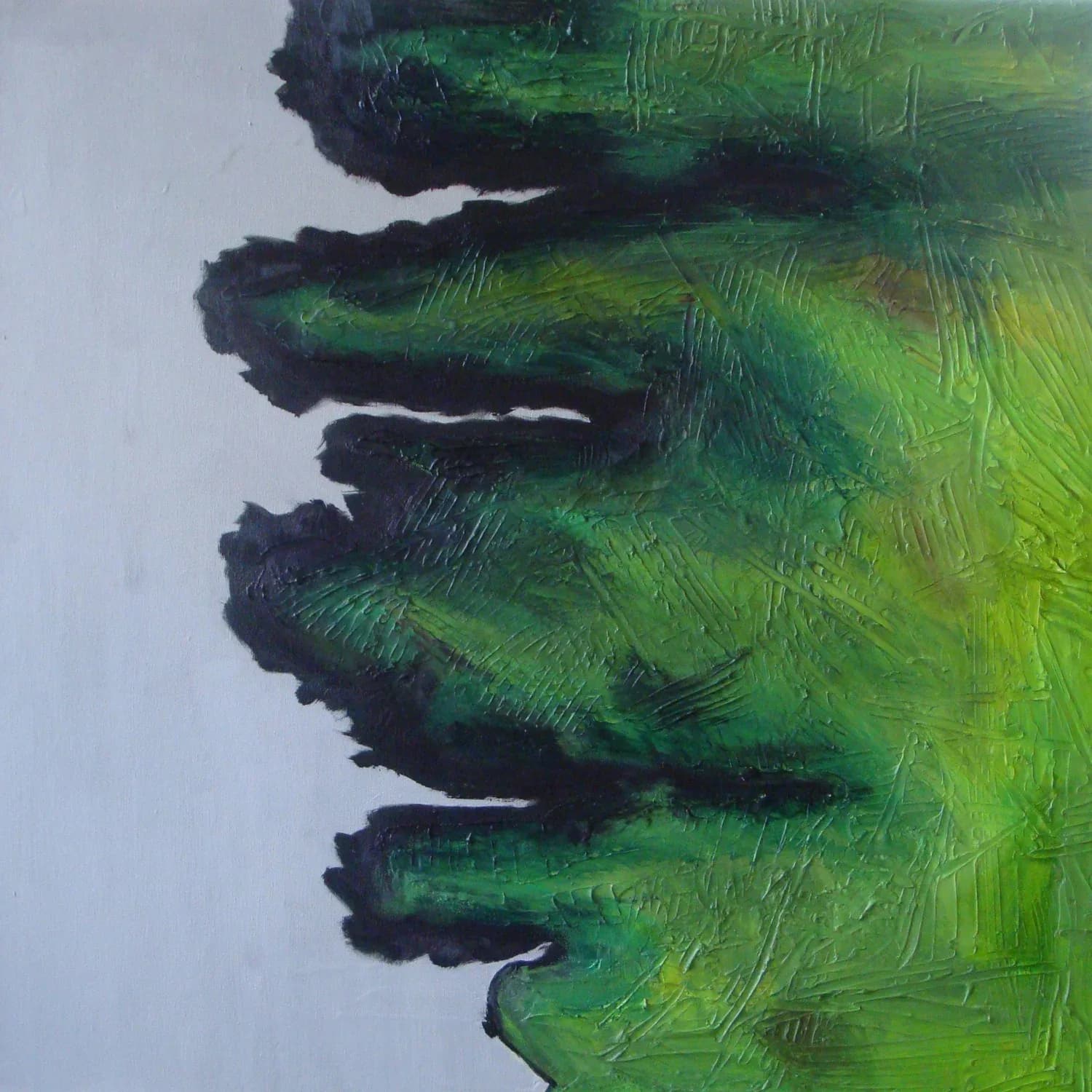 An abstract painting features textured strokes of green and dark tones against a white background.