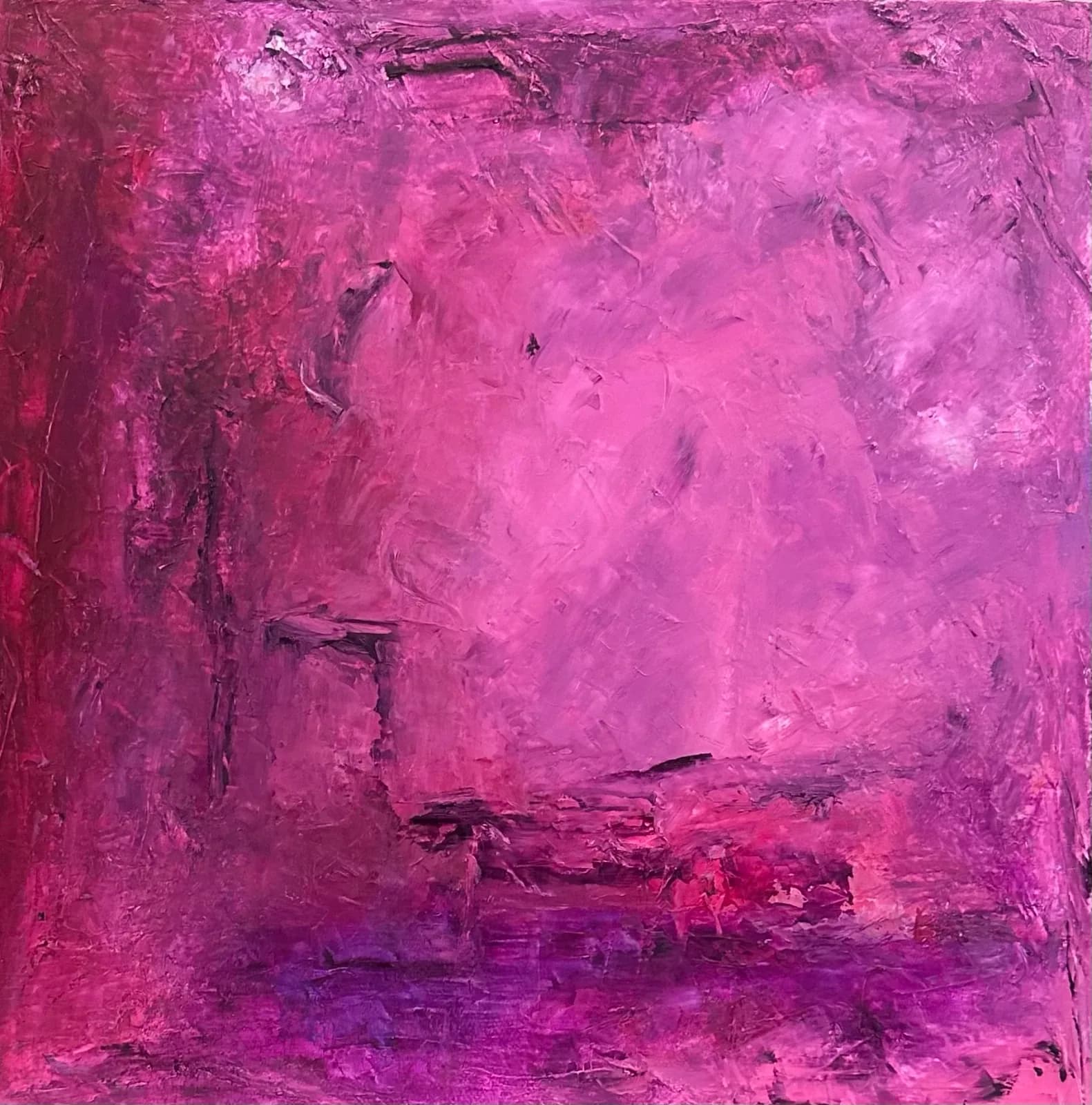 An abstract oil and acrylic painting features a textured surface in shades of rouge and Persian pink.