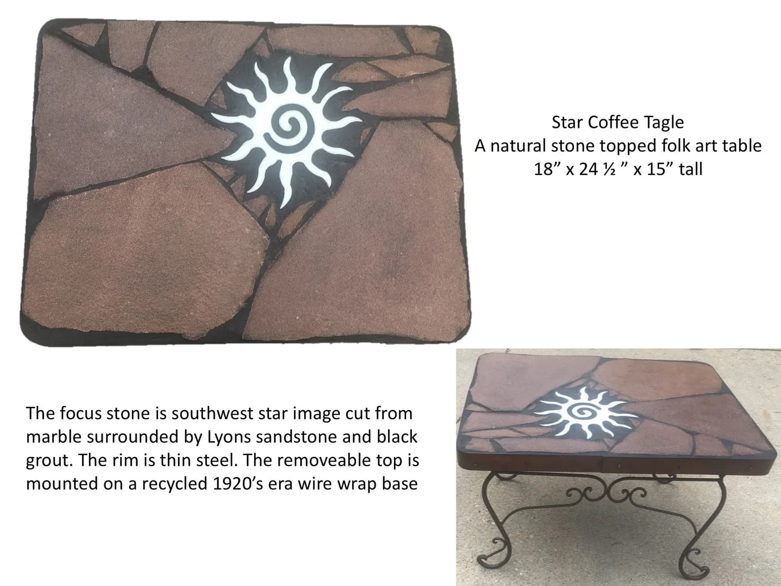 A folk art mosaic coffee table featuring a sun design on a stone top with a recycled base.