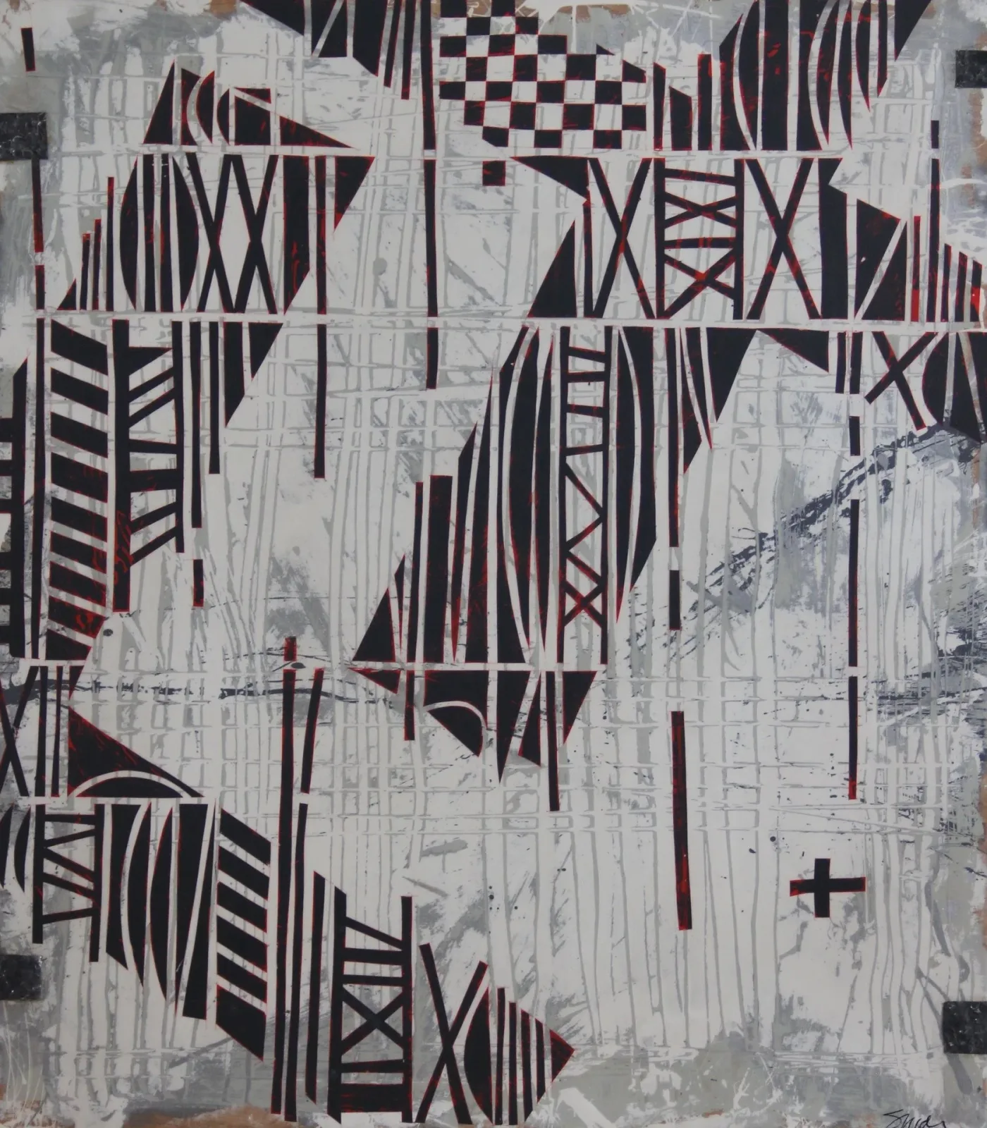 An abstract mixed media artwork features geometric patterns in black, white, and red, with a textured background.