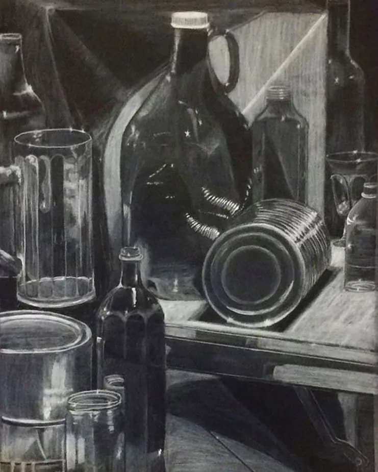 A charcoal drawing depicts a still life arrangement of various glass bottles, jars, and cans on a surface.