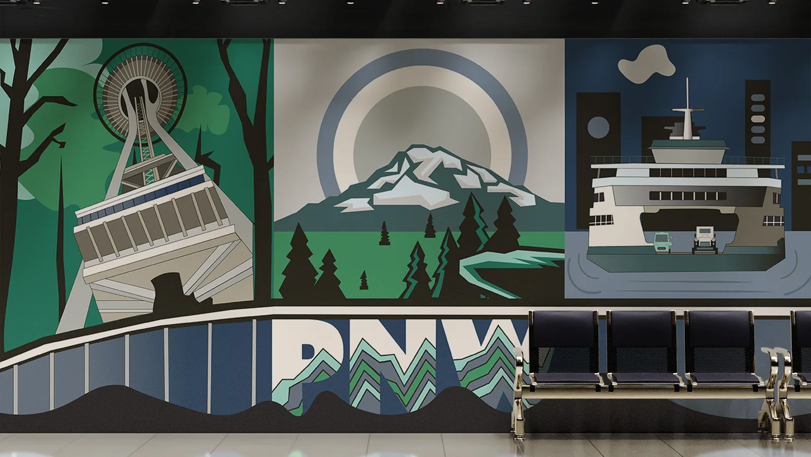 A stylized mural depicts Seattle landmarks including the Space Needle, Mount Rainier, and a ferry, rendered in a palette of Amazon, Green Pea, and Shark.