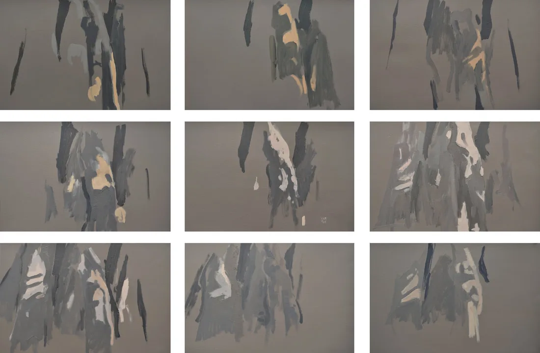 Abstract figures are rendered in Tapa, Storm Dust, and White oil and acrylic paint on a neutral ground.