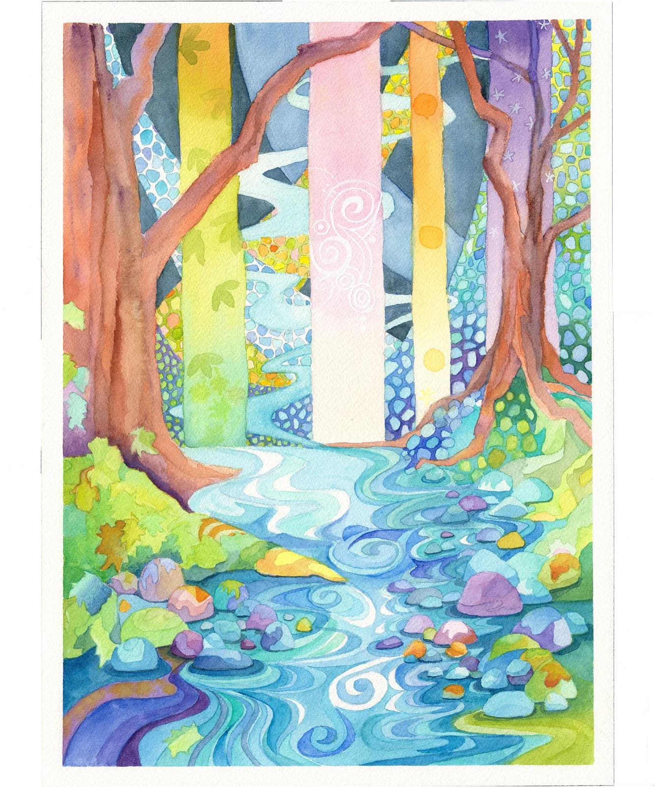 An abstract watercolor landscape depicts a vibrant forest stream with colorful, patterned trees and swirling water.