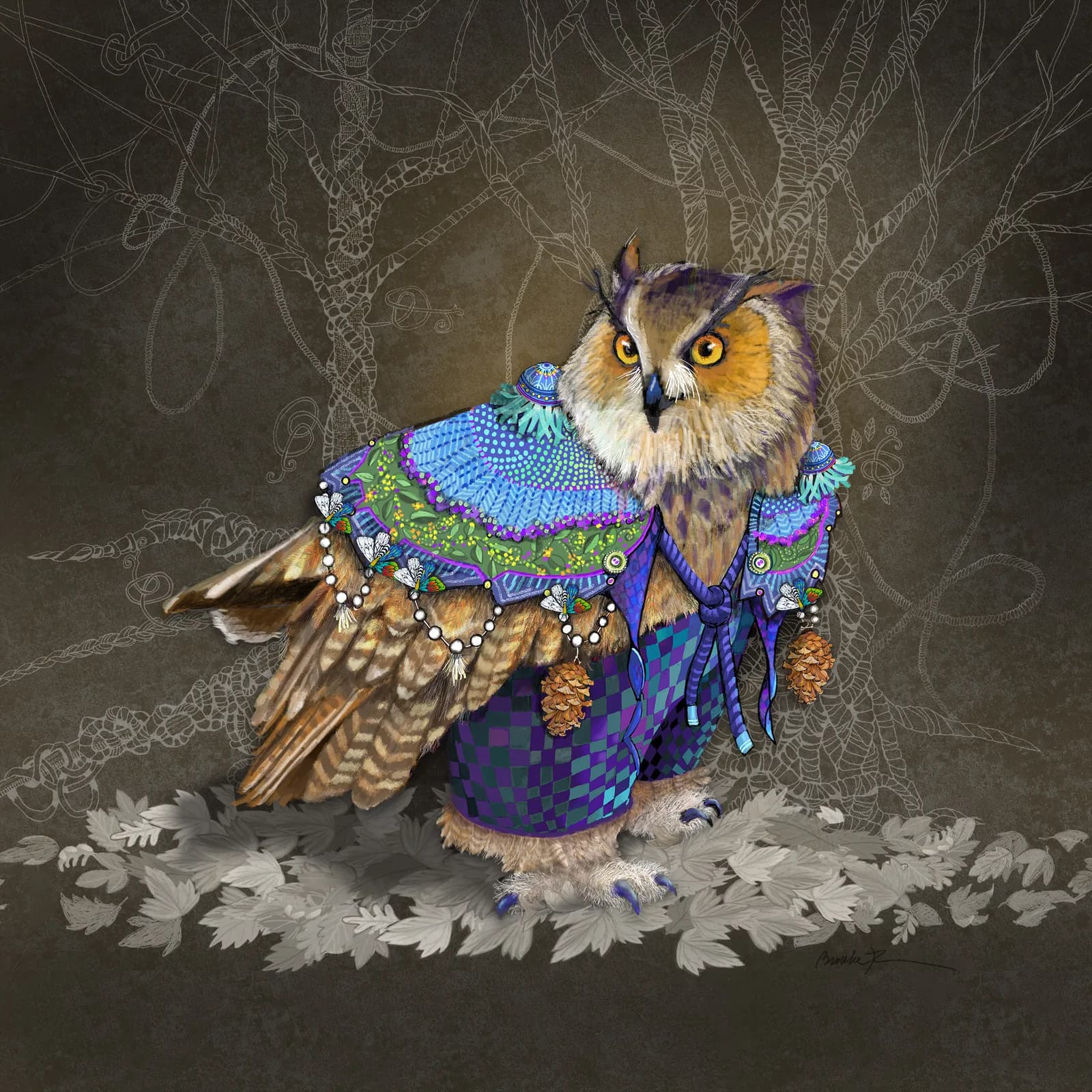 An ornate owl adorned in colorful clothing stands on a bed of leaves, rendered in mixed media.