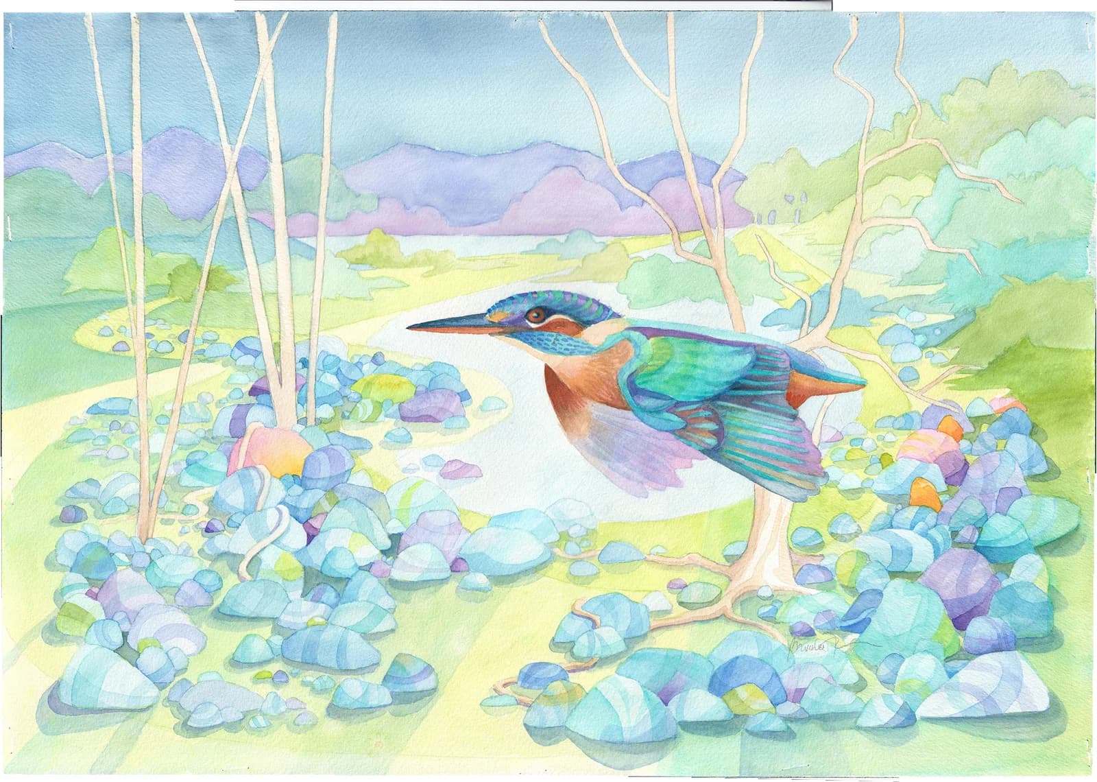 A kingfisher perches on a riverbank amidst colorful pebbles, rendered in watercolor with a palette of Powder Blue and Tea Green.