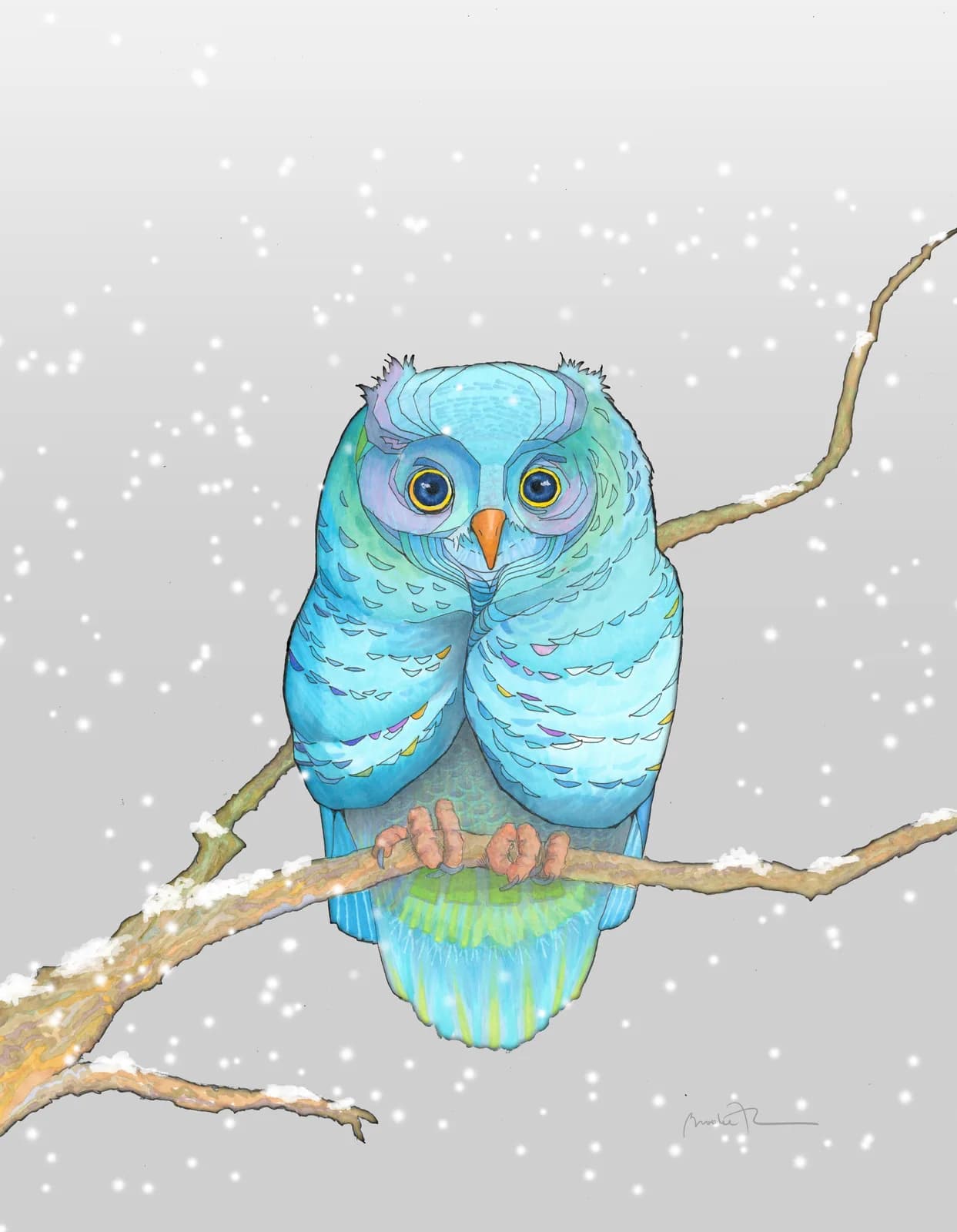A blue owl sits on a snow-dusted branch amidst falling snow, rendered in watercolor.