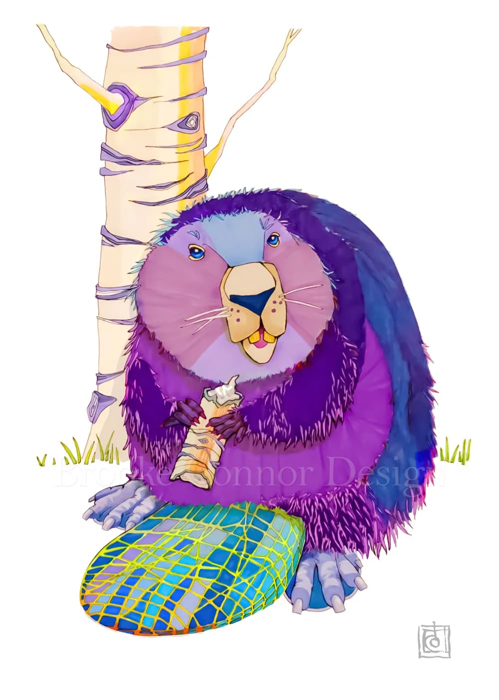 A whimsical beaver in shades of violet eggplant and Windsor holds an ice cream cone next to a birch tree.