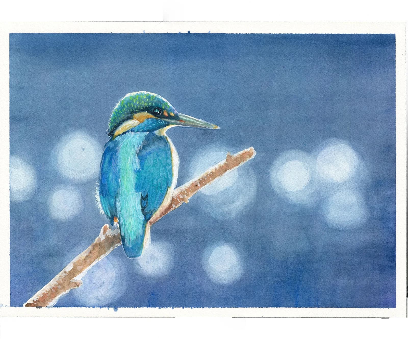 A watercolor painting of a kingfisher perched on a branch against a bokeh background.