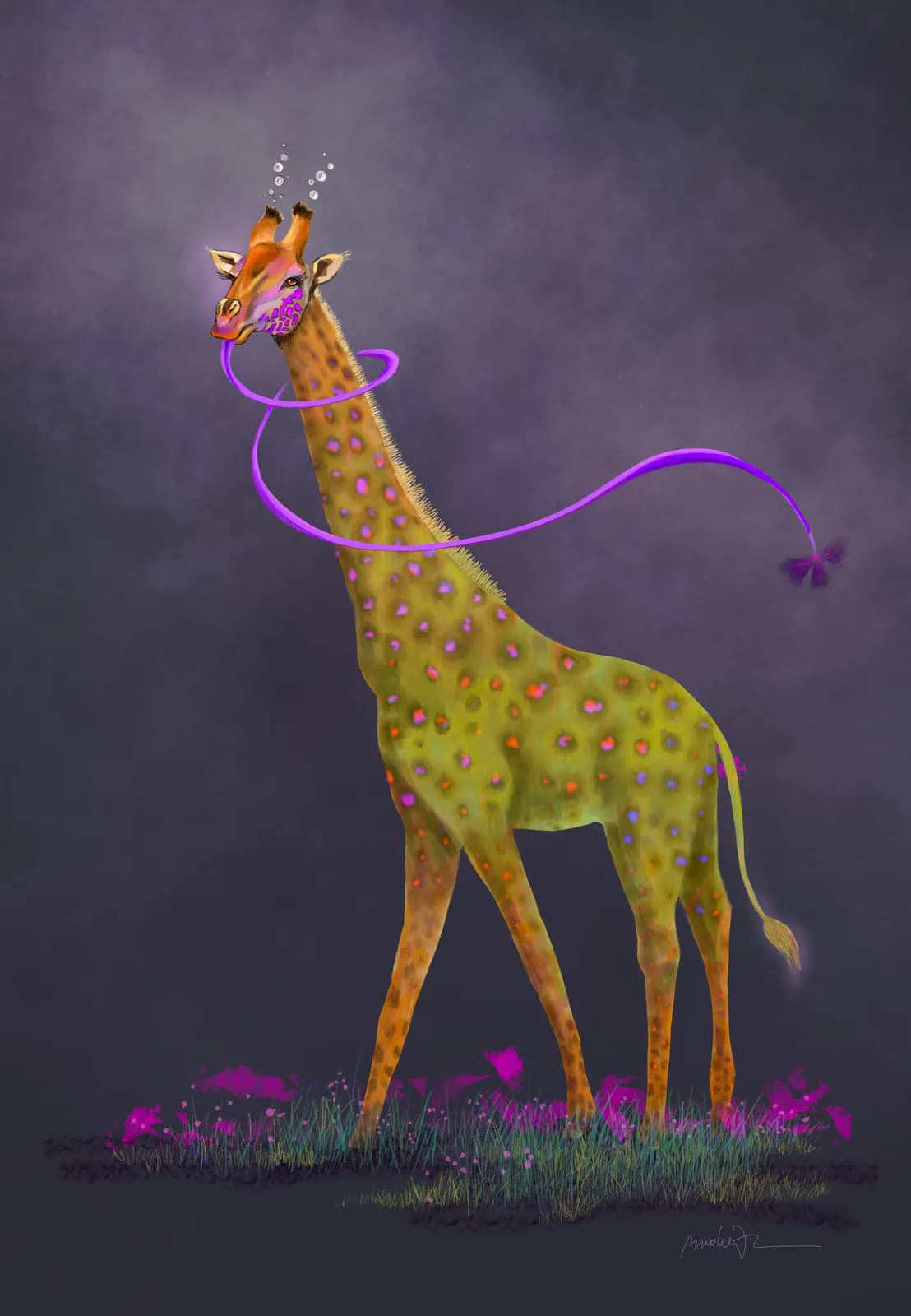 A surreal painting of a vibrantly colored giraffe with a purple ribbon and butterfly, set against a dark background.
