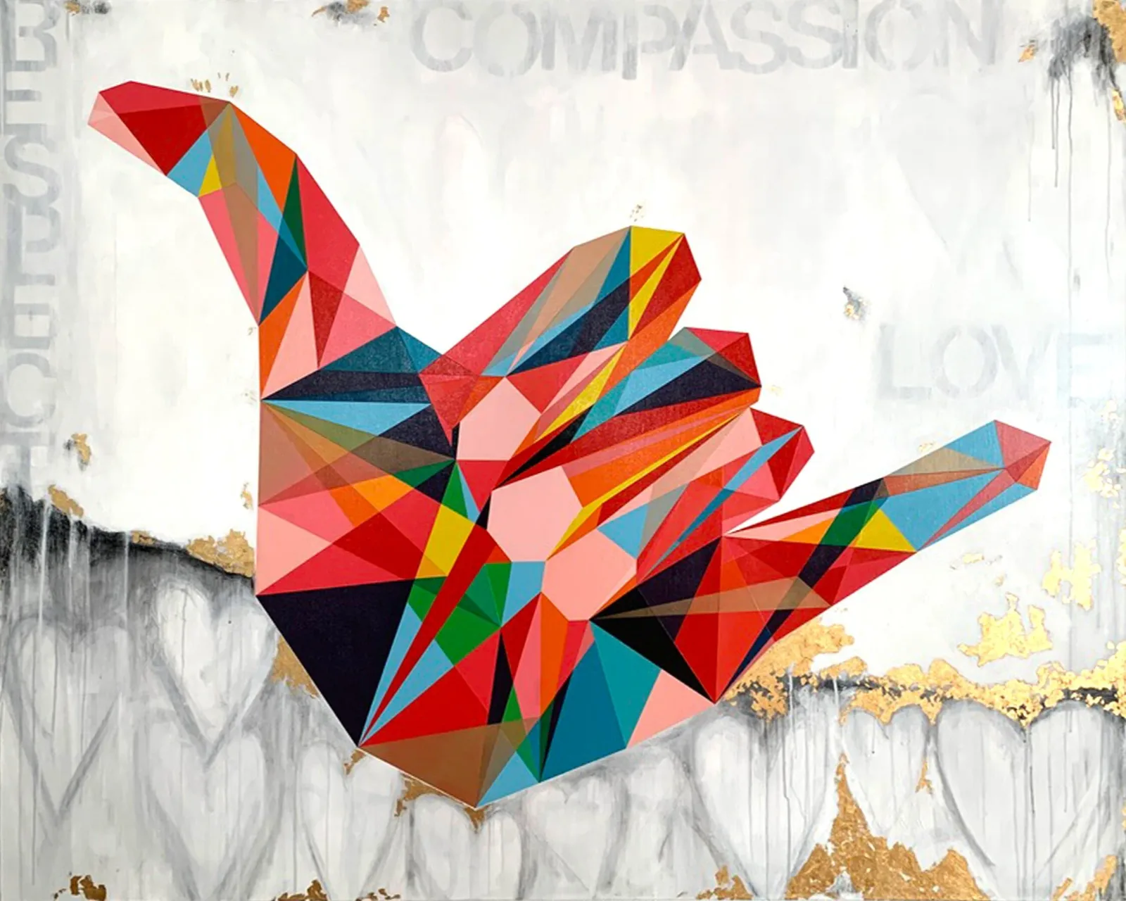 An abstract geometric hand gesture painting in oil and acrylic with gold leaf accents and a background of hearts.