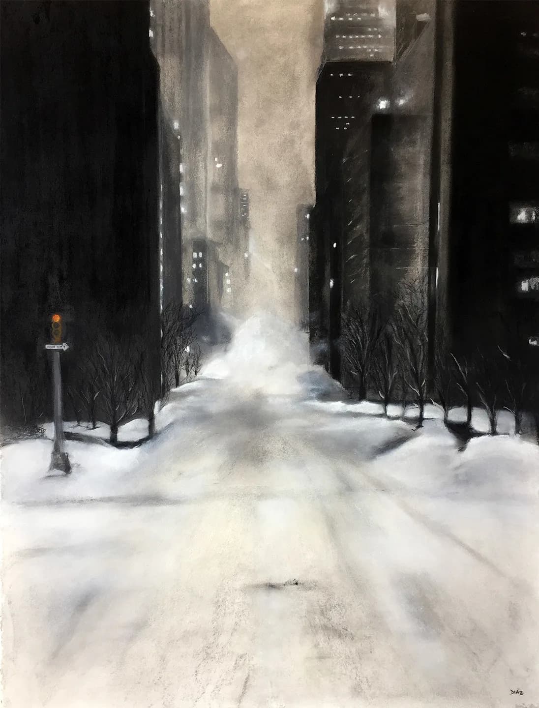 A snow-covered city street at night, rendered in expressive pastel tones of gray and white.