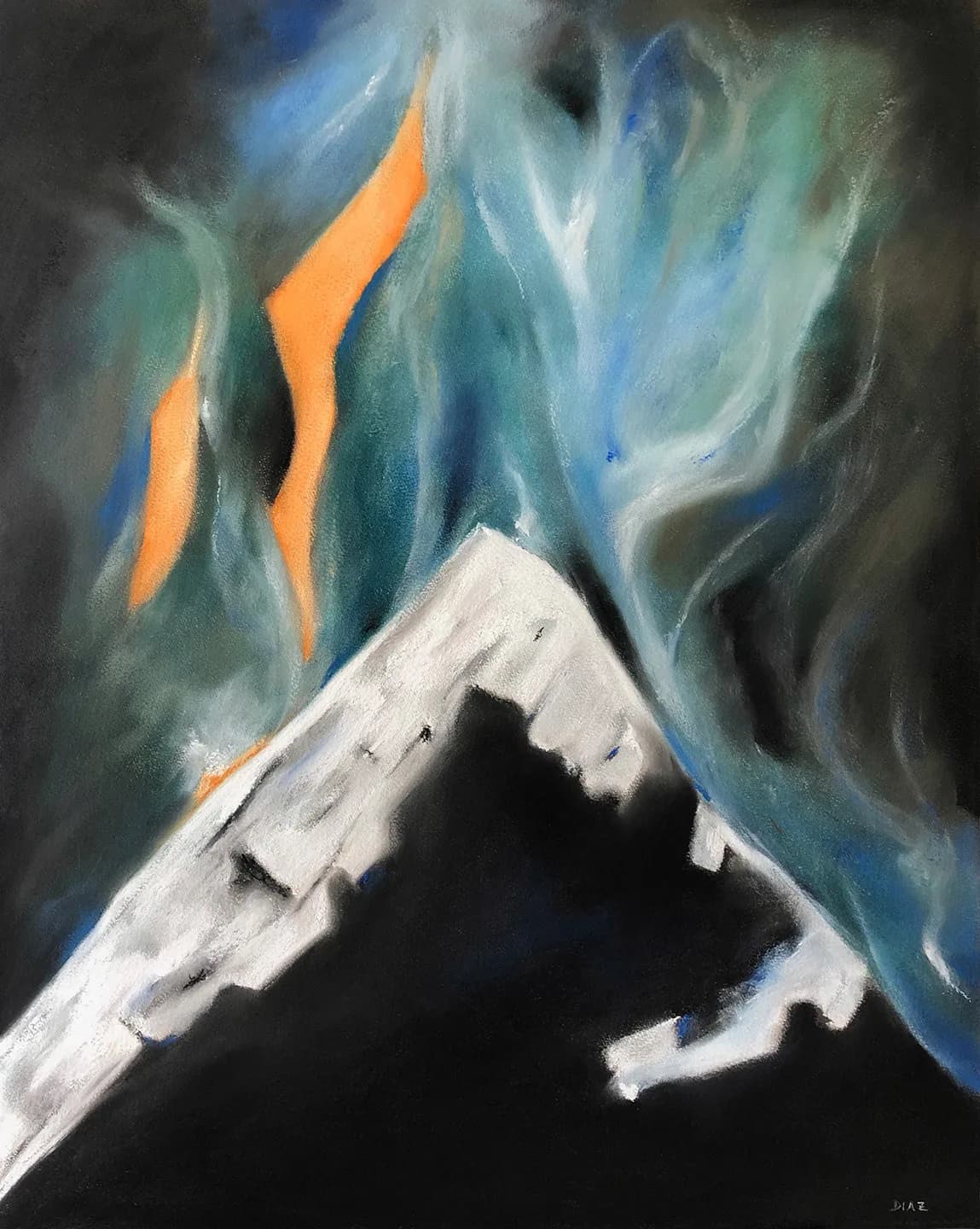 An abstract pastel painting depicts the Flatirons mountain range under an aurora borealis with vibrant orange and blue hues.