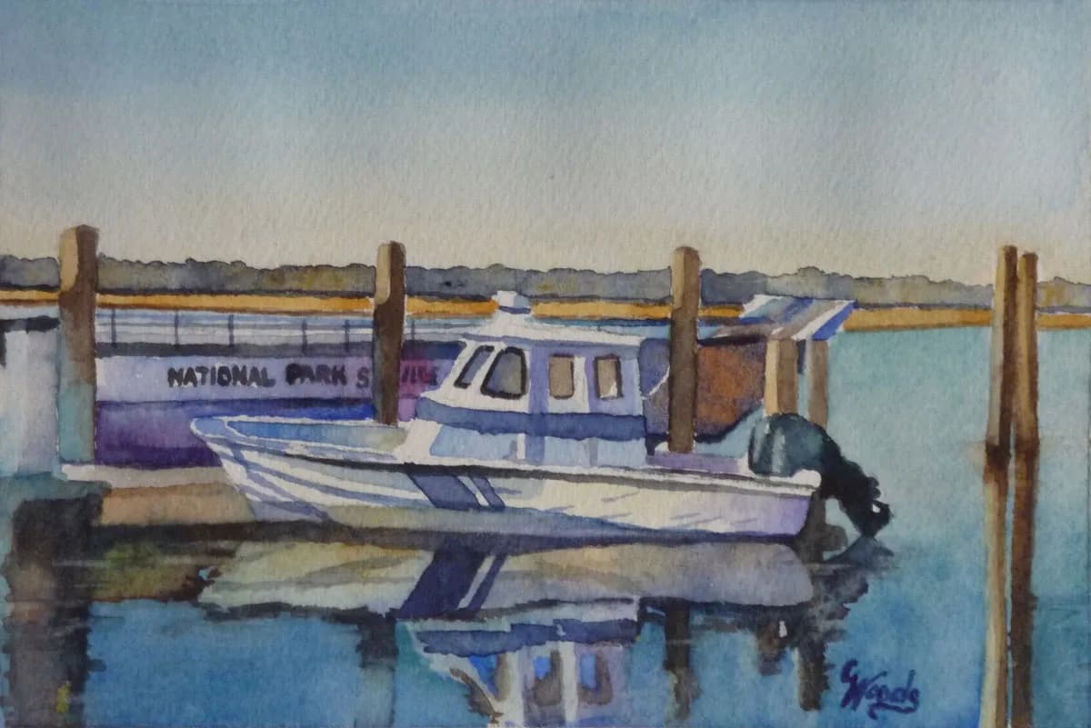 A watercolor painting depicts a boat docked in calm water with a distant shoreline under a pale blue sky.