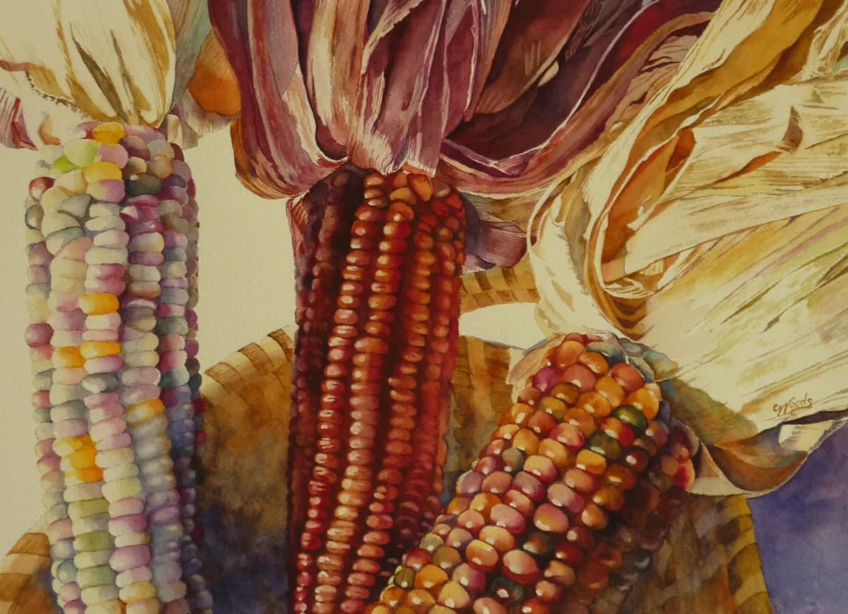 A watercolor painting of colorful ears of Indian corn in a basket, with a palette of Potters Clay, Nutmeg, and Yuma.