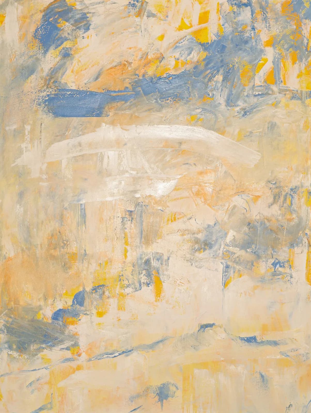 An abstract landscape painting in oil and acrylic features textured brushstrokes in shades of yellow, blue, and white.