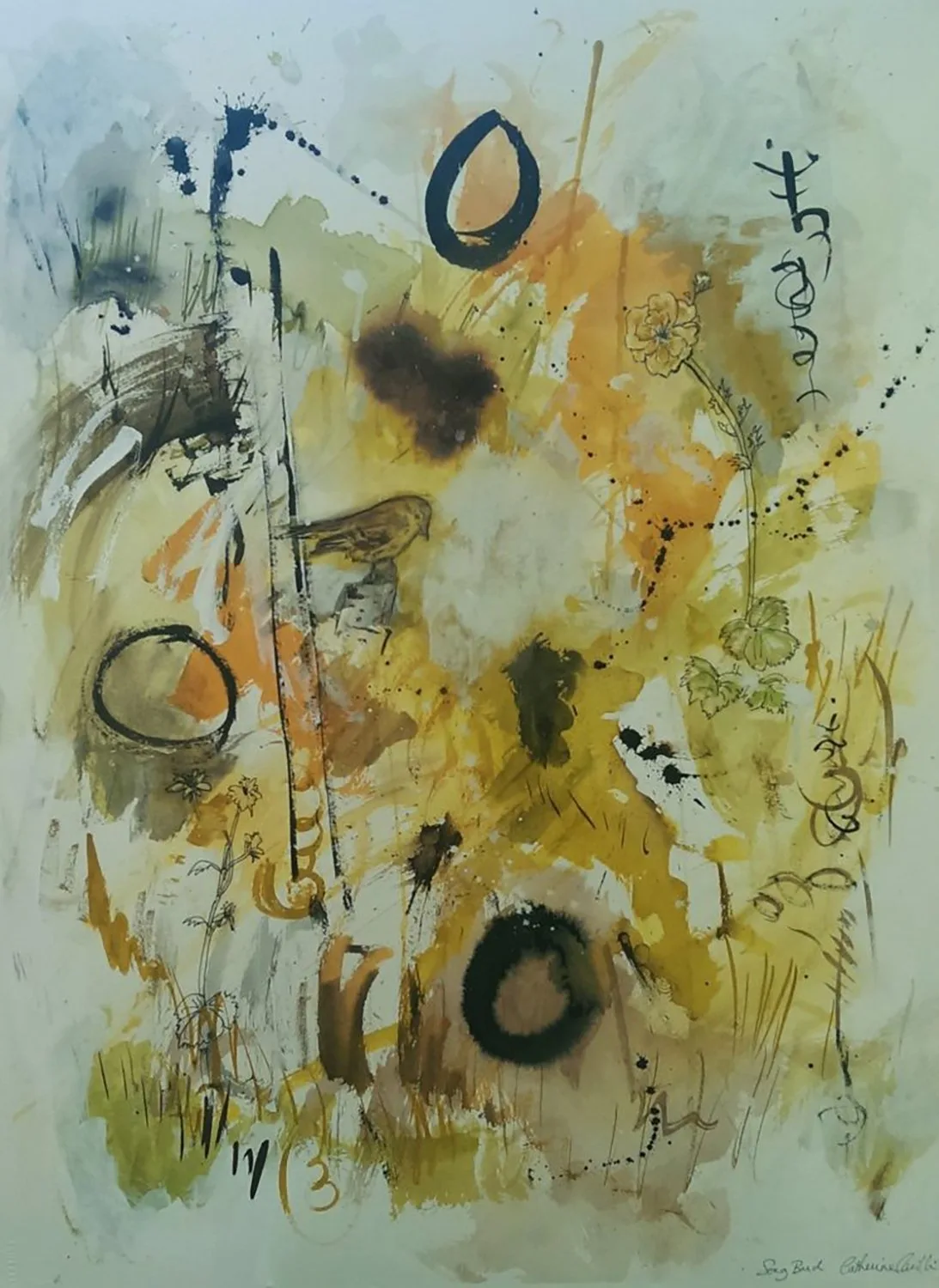 A watercolor painting depicts an abstract scene with a bird and floral elements in earthy tones.