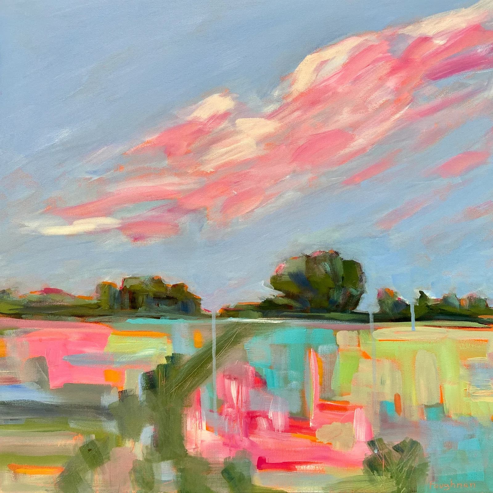 An impressionistic landscape painting with vibrant pink clouds and a colorful field in shades of Eunry, Gimblet, and Sunglo.