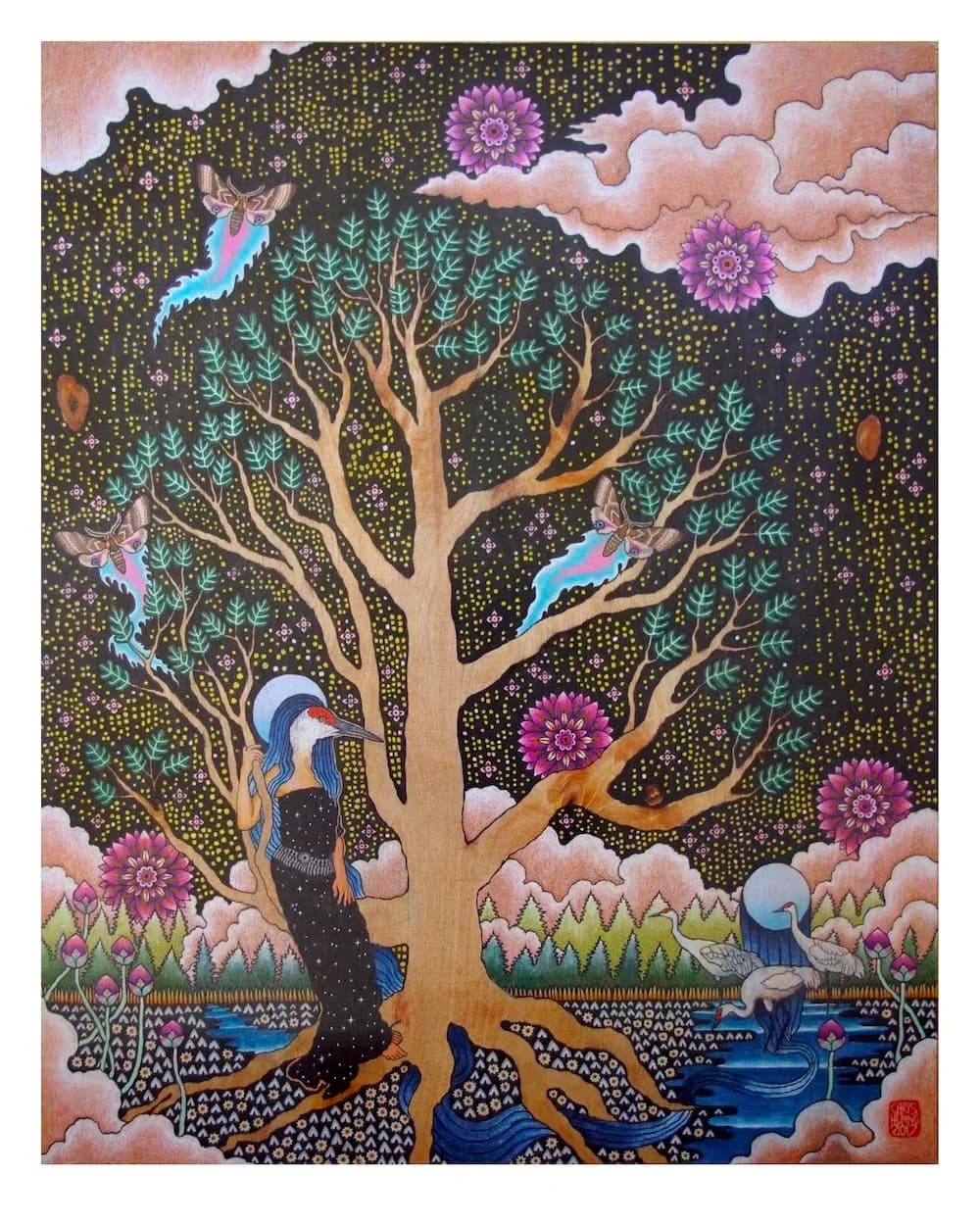 A surreal ink drawing depicts a figure with a bird's head standing by a tree with moths and cranes under a starry night sky.