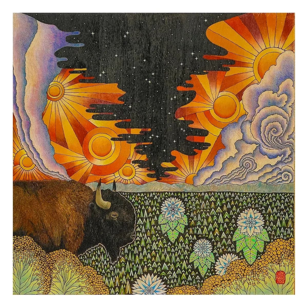 A bison stands in a field of stylized flora under a dramatic sky with sunbursts and stars, rendered in ink.