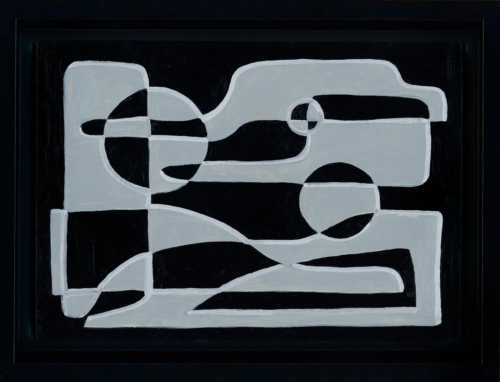 An abstract painting in shades of gray and black features interlocking geometric and organic shapes.