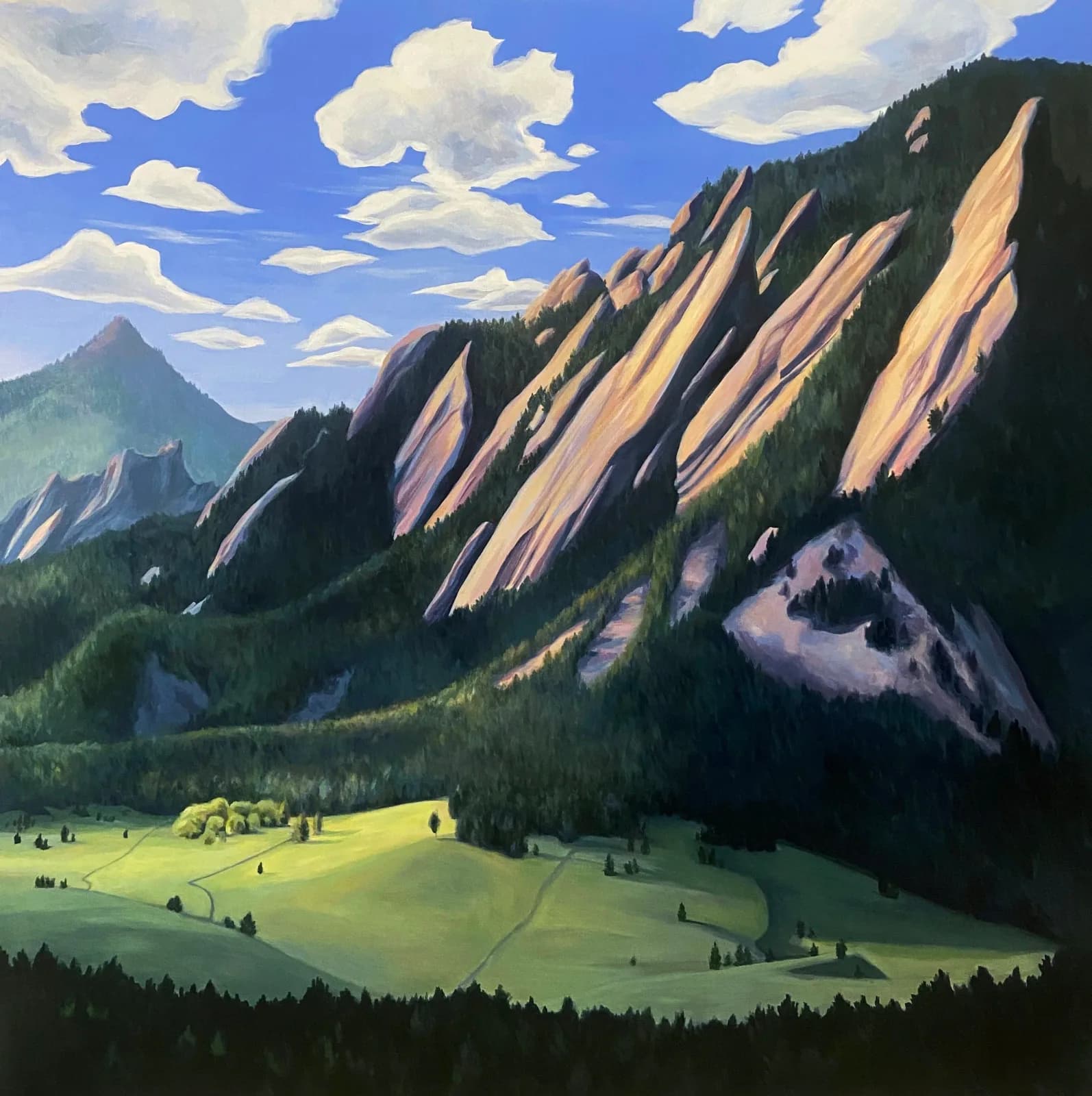 A vibrant oil painting captures the iconic Flatirons mountains under a dramatic sky with fluffy clouds.
