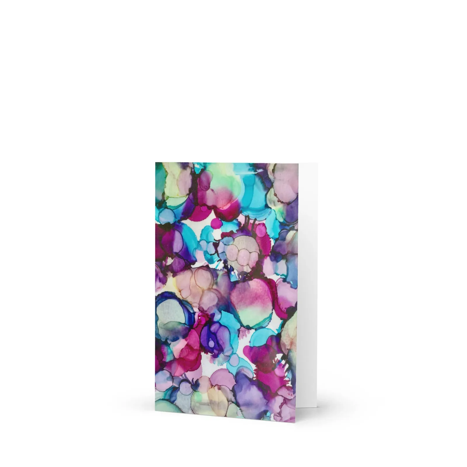Abstract ink painting with organic shapes in vibrant hues of Royal Heath, Minsk, and Pink Swan.