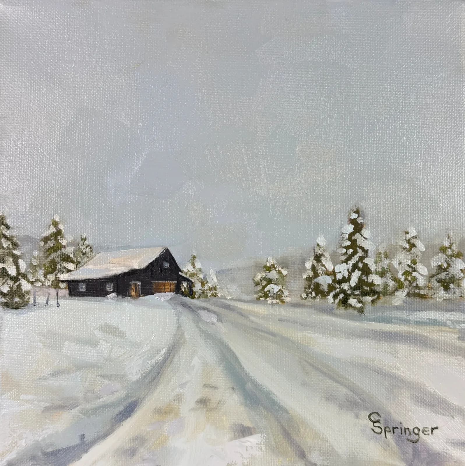 An impressionistic oil painting depicts a snow-covered landscape with a dark barn and snow-laden trees.