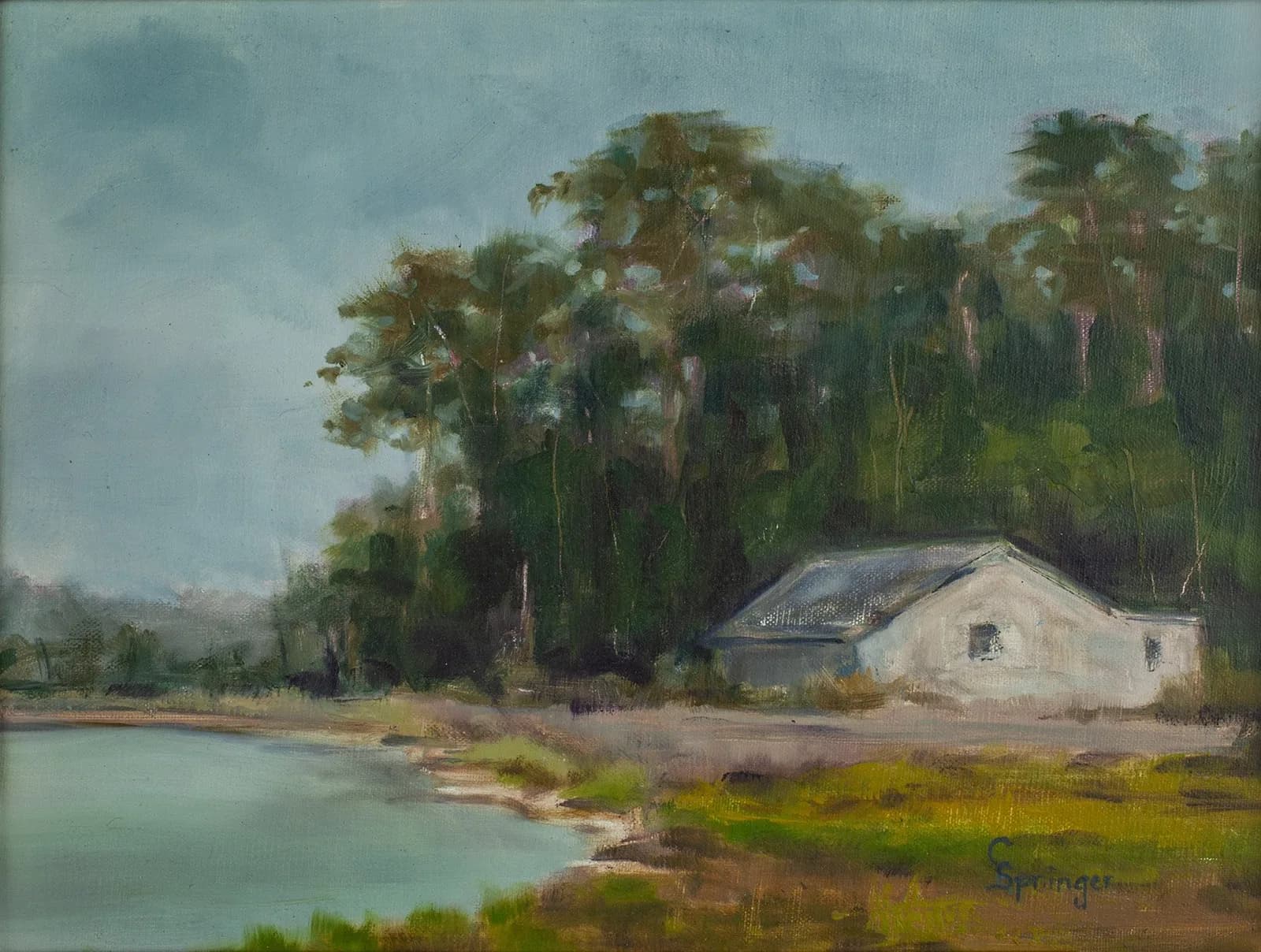 An impressionistic oil painting depicts a white house by a lake with a dense forest backdrop under a cloudy sky.